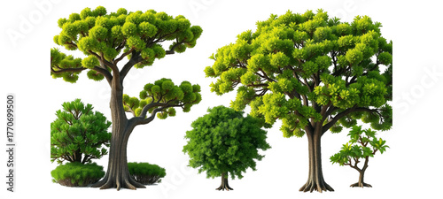 Set of highly detailed Euphorbia mellifera and Cassia javanica frontal street trees with intricate textures and lush green foliage isolated on a transparent background, pergreen tree isolated on white