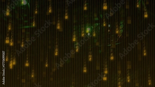 Wallpaper Mural Circuitry patterns pulsing triggers golden currency symbols falling to illustrate real-time finance Torontodigital.ca