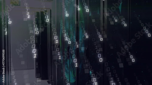 Server cabinets featuring pulsing globe drawing binary streams wrapping around representing data