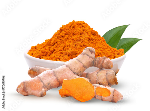 Turmeric roots with turmeric powder in bowl.thai herb for health on transparent.
