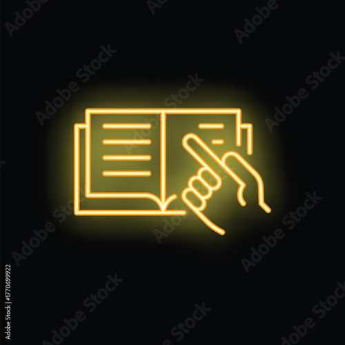 Neon sign icon of a hand with index finger extended pointing at an open book