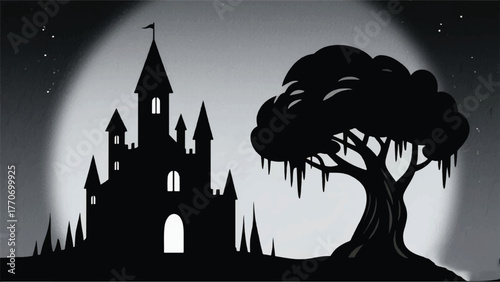 Creepy Castle Silhouette With Tree Illustrator Artwork Banner Background Design Template 