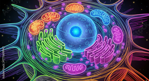 Vibrant cell diagram showcasing nucleus, mitochondria, and endoplasmic reticulum in stunning detail