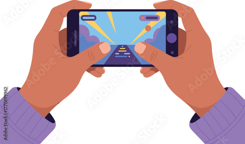 Hands Playing Mobile Video Game on Smartphone Flat Vector Illustration
