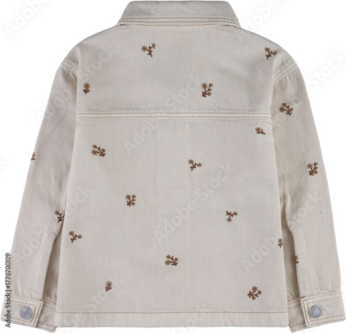 beige denim jacket with brown embroidery back view isolated on white background