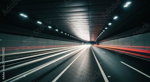 Long exposure shot of a tunnel with light trails from moving vehicles