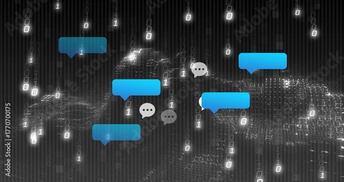 Speech bubble fading into view starting binary rain and bubbles forming then fading for chat flow