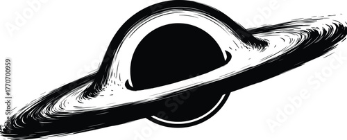 Vector illustration of a black hole with swirling energy, depicting the event horizon and gravitational effects in a dynamic, artistic style, a high-resolution silhouette in an artistic vector design