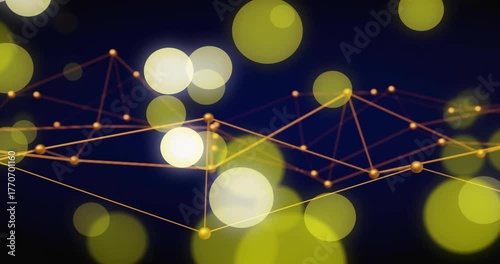 Dark gradient appearing, drifting orbs while orange grid connecting shifting, visualizing network