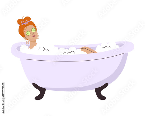 Vector illustration of a woman enjoying a relaxing bubble bath with cucumber slices on her eyes. Red hair is tied in a bun with a ribbon bow.