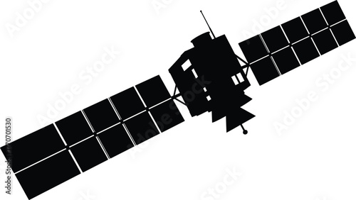 A high resolution black silhouette vector illustration of a satellite with solar panels extended, against a white background, suitable for technology and space exploration themes