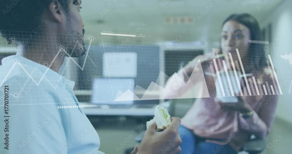 Eating Data Coworkers eating lunch initiating business data overlays evolving ...