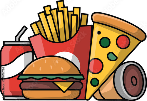 Fast Food Combo Meal, Hamburger, Pizza, and Soda Flat Vector Illustration