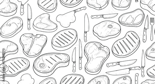 Seamless pattern of hand drawn raw meat steaks background design