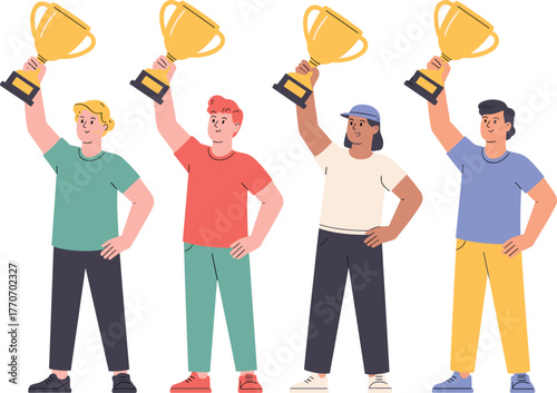 Successful Business Team Winning Trophy and Celebrating Achievement Flat Illustration
