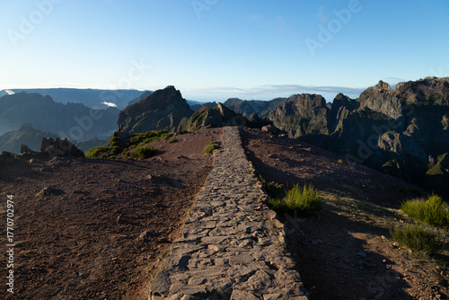 Pico do Arieiro mountain ridge trail at sunrise, Madeira