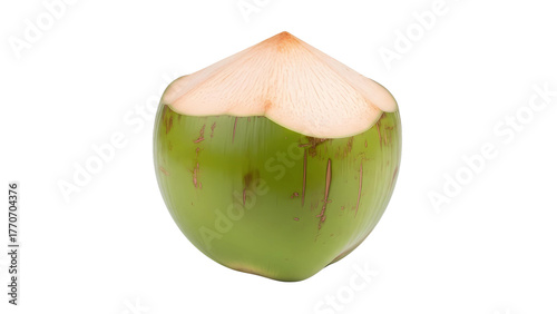A single fresh young green coconut prepared for drinking with healthy natural water on a transparent background