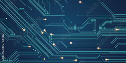 Abstract digital circuit board on an electric blue technological background. Circuit board with connected lines and dots on an abstract digital motherboard.