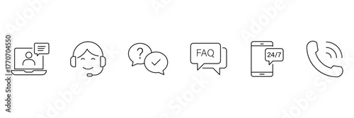 Customer service line icon set. Support icon set. Support, online help, assistance, 24 hrs, question, communication, FAQ, information and more. Vector illustration.