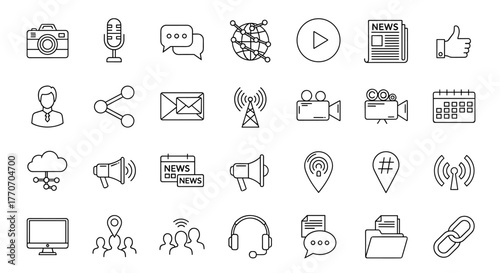 A comprehensive set of white outline vector icons on a black background, representing media, social networks, journalism, communication, and networking, including a camera, microphone, chat bubbles