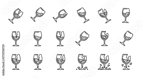 Collection of minimalistic line icons depicting broken wine glasses with expressive eyes, symbolizing fragility, sadness, or emotional distress, suitable for web design, app interfaces, social media