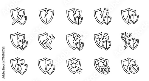 Collection of Broken Shield Related Line Icons: Outline Signs for Graphic and Web Design, Apps, Adverts, Various Cards, Vector Cartoon Illustration with a Hammer, Lightning Bolt, and Forbidden Symbol