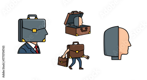 Conceptual vector illustration of a briefcase as a head, symbolizing business identity, career, and professional persona, with a split personality or hidden self revealed, suitable for corporate