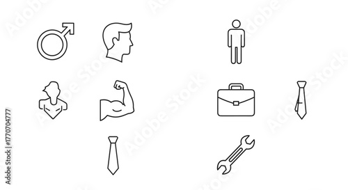 Minimalistic linear icons representing male symbols, profile silhouette, muscular arm, briefcase, tie, and wrench, perfect for web design, app interfaces, social media graphics, and professional