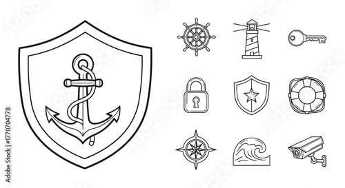 Nautical and Security Icons Set: A collection of vector line art symbols including a prominent anchor within a shield, ship's wheel, lighthouse, key, padlock, star shield, lifebuoy, wave, and