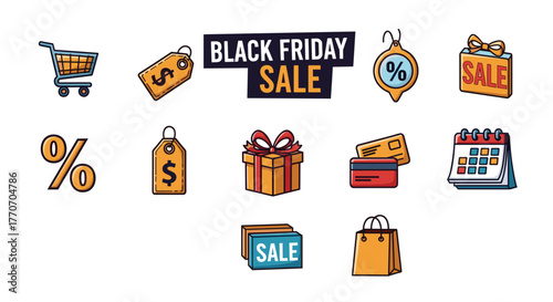 Collection of Black Friday Sale Icons: Shopping Cart, Price Tags with Dollar and Percent Symbols, Gift Boxes, Credit Cards, Shopping Bag, Calendar, and Percentage Sign, symbolizing discounts and