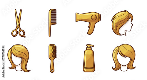 Golden gradient cartoon illustration of a set of hair salon essentials including scissors, combs, a hairdryer, shampoo bottle, and various hairstyles, presented as a clean, ordered line icon set on a
