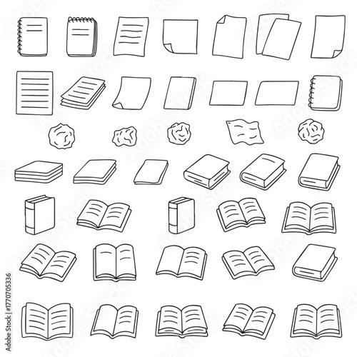 Vector illustration showcasing a collection of paper and book icons. Includes notebooks, crumpled papers, and books in various open and closed states for diverse design purposes.