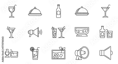 Collection of thin line icons representing cocktails, a cloche-covered dish, a bottle, and loud speakers, perfect for app design, articles, and various graphic resources, offering a clean and modern