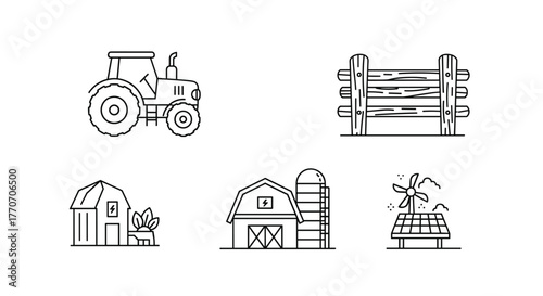 A minimalist line art vector icon set representing agriculture and rural life, featuring a tractor, wooden fence, barn with silo, and renewable energy elements like a wind turbine and solar panel