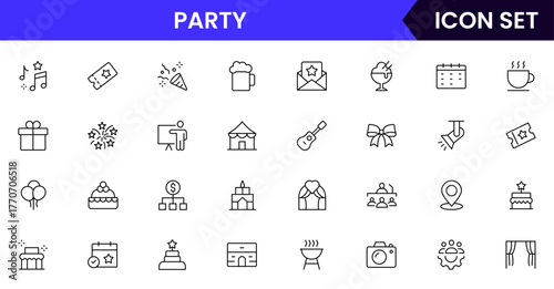 Party vector web line icon collection, sleek illustrations of calendars, tickets, venues, decorations for organized, festive designs.