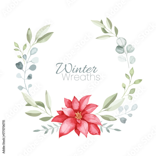 Watercolor Poinsettia and Eucalyptus Holiday Wreath