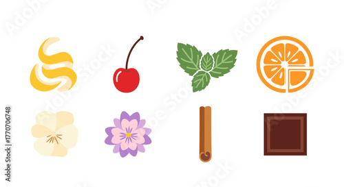 Vibrant and playful flat design icons representing liqueur garnishes, including a lemon twist, ripe cherry, fresh mint leaf, juicy orange slice, delicate edible flower, aromatic cinnamon stick, and a