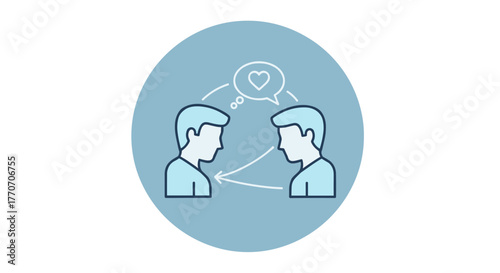 Abstract concept icon illustrating social interaction and communication, featuring two stylized figures in profile facing each other, engaged in dialogue with a speech bubble containing a heart