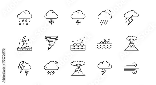 Minimalist icon set of weather and natural disasters including rain, snow, tornado, earthquake, flood, volcano, and wind in clean modern line design, isolated on black background. This collection