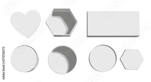 Realistic mockup box set featuring hexagonal, rectangular, and circular containers for packaging designs, including white cardboard heart and round lids, presented from a top-down perspective against