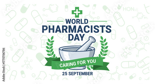 World Pharmacists Day banner design with a mortar and pestle, green leaves, and the slogan "Caring For You" on September 25th, celebrating the vital role of pharmacists in healthcare with a