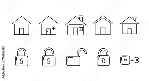 A collection of minimalistic linear icons representing houses and locks, designed for web and graphic design applications, banners, social networks, and cards. This vector cartoon illustration