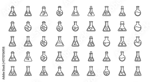 A seamless pattern of various laboratory flasks in outline and linear style, featuring bubbling liquids and stoppers, perfect for graphic design, web development, app interfaces, and educational