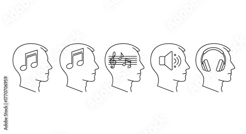 Conceptual illustration of music and sound within human heads, depicted as outline icons. The series shows musical notes, a speaker, and headphones, symbolizing the auditory experience and the