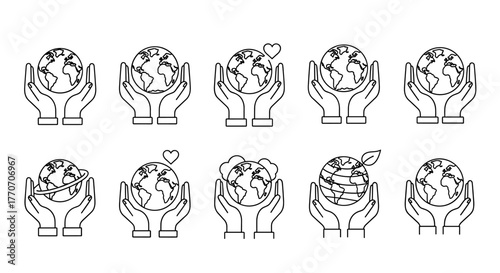 Stylized line art illustration of a planet cradled between two hands, symbolizing care, protection, and global responsibility. This vector graphic, presented on a clean white background, is perfect