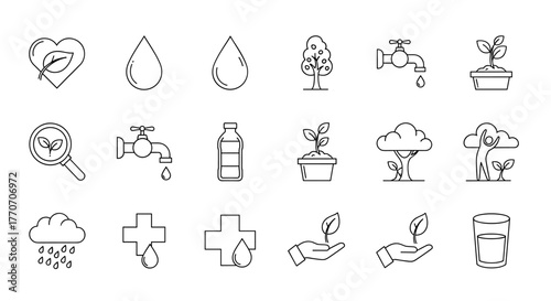 Collection of hand-drawn line art icons representing health, water conservation, and environmental care, including a heart with a leaf, water drops, a tree, a faucet, a plant in a pot, rain clouds, a