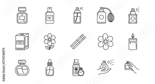 A meticulously curated collection of thin line icons representing various perfume and aromatherapy elements, including elegant perfume bottles, atomizers, diffuser sticks, blooming flowers, and a lit