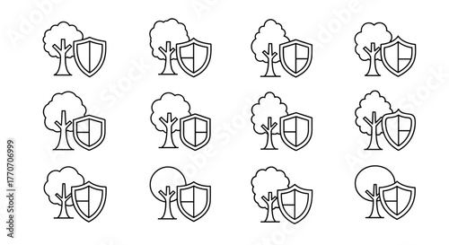 Vivid cartoon illustration of a stylized tree next to a shield outline, presented in a clean linear image format, perfect for graphic and web design, app development, advertisements, and various card