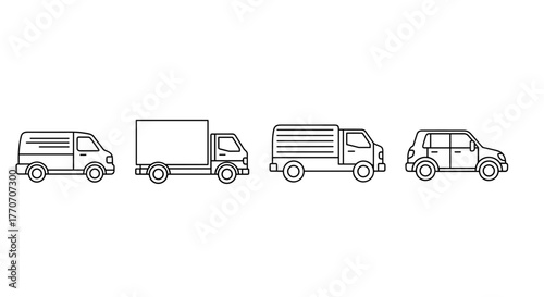 Collection of simple, isolated line icons representing various delivery trucks, vans, and vehicles, perfect for web, books, cards, and apps, featuring editable strokes for versatile use in