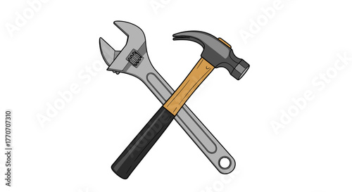 A stylized, minimalist vector illustration features a crossed hammer and adjustable wrench, symbolizing construction, repair, and DIY projects. The clean lines and simple design make it ideal for a